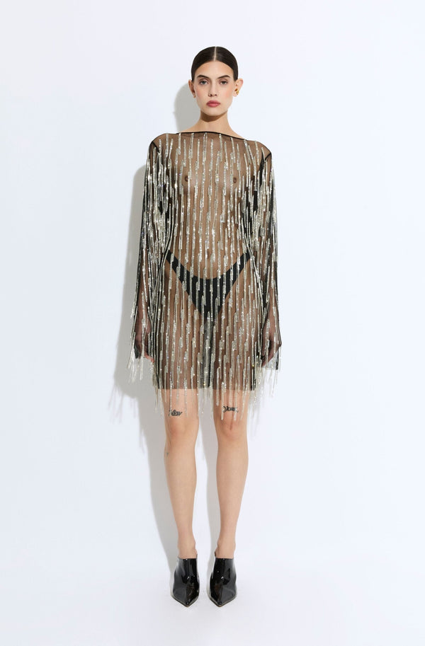 sally lapointe Rhinestone Fringe Boatneck Mini Dress