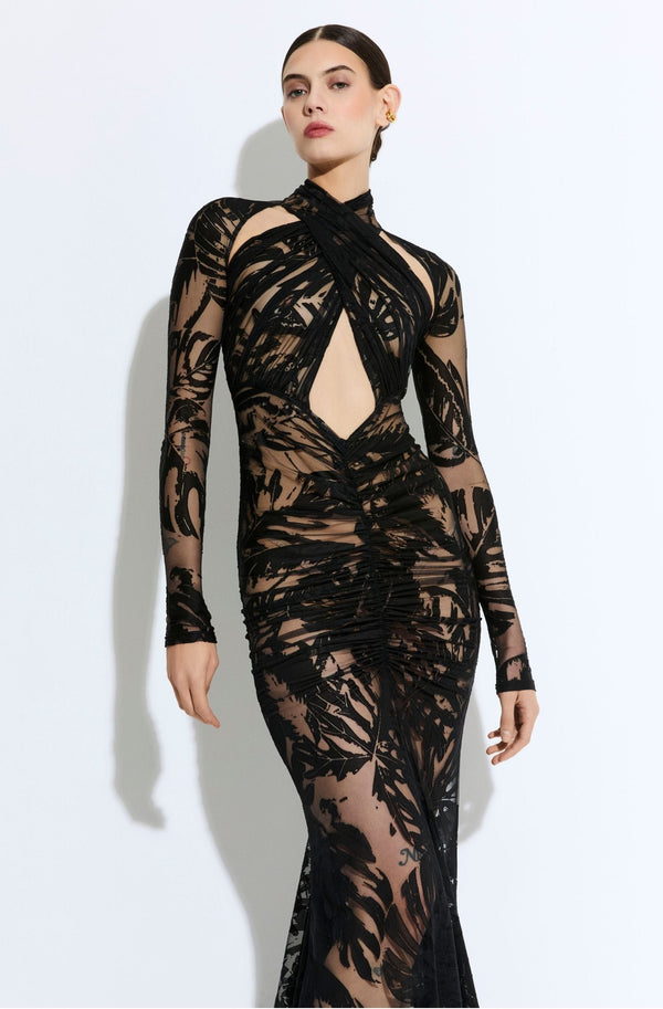 Sally Lapointe Burnout Jersey Halter Ruched Gown