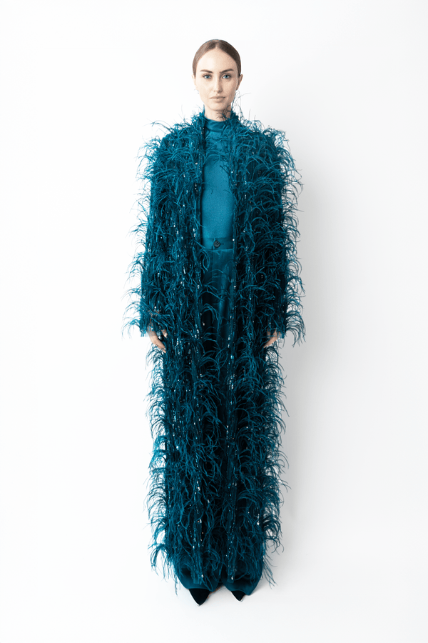 sally lapointe Cascading Feather Embellished Coat