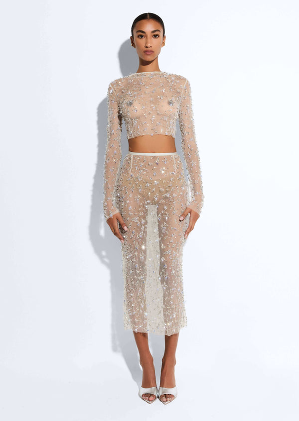 sally lapointe Embroidered Mesh Pencil Skirt