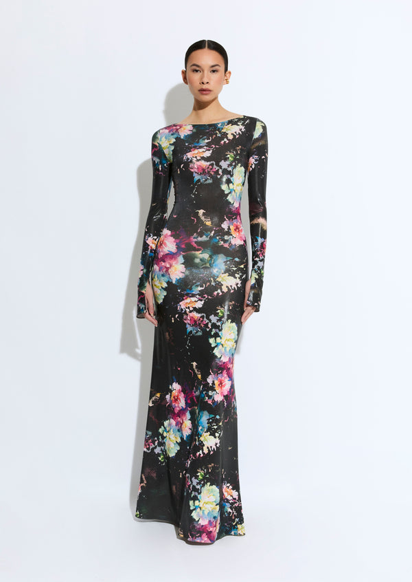 sally lapointe Floral Jersey Boatneck Gown