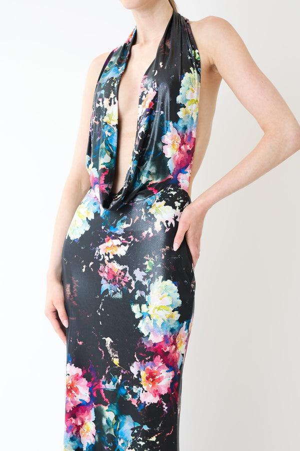 Sally Lapointe Floral Jersey Deep Cowl Neck Gown