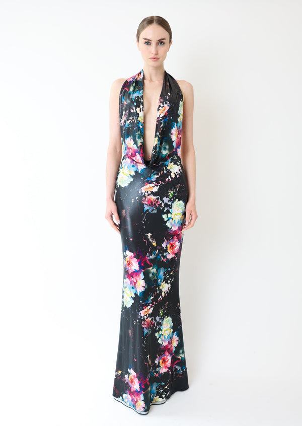 sally lapointe Floral Jersey Deep Cowl Neck Gown