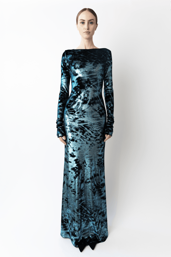 Sally Lapointe Foil Velour Boatneck Gown