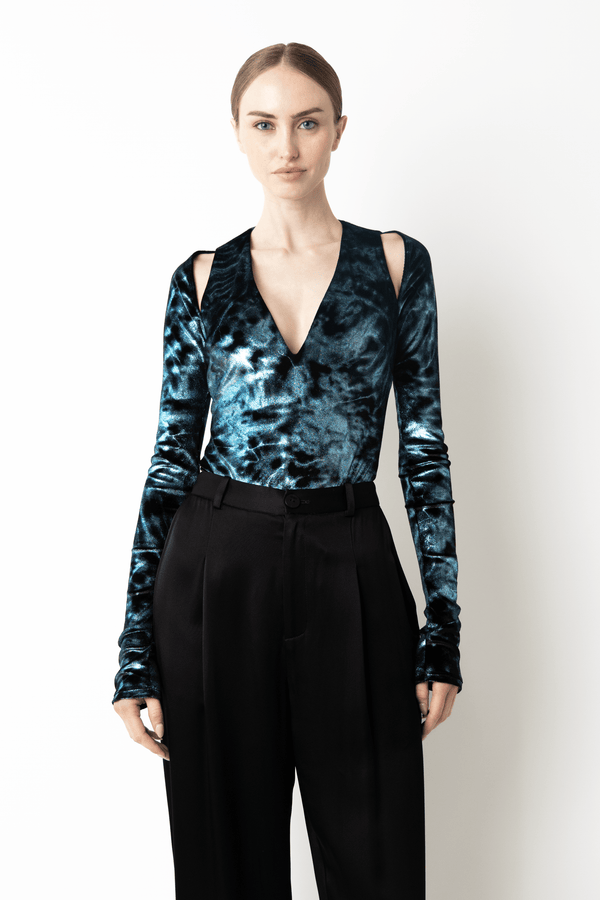 Sally Lapointe Foil Velour V Neck Bodysuit