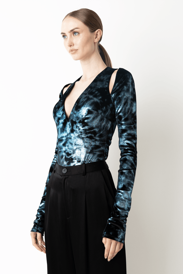 Sally Lapointe Foil Velour V Neck Bodysuit