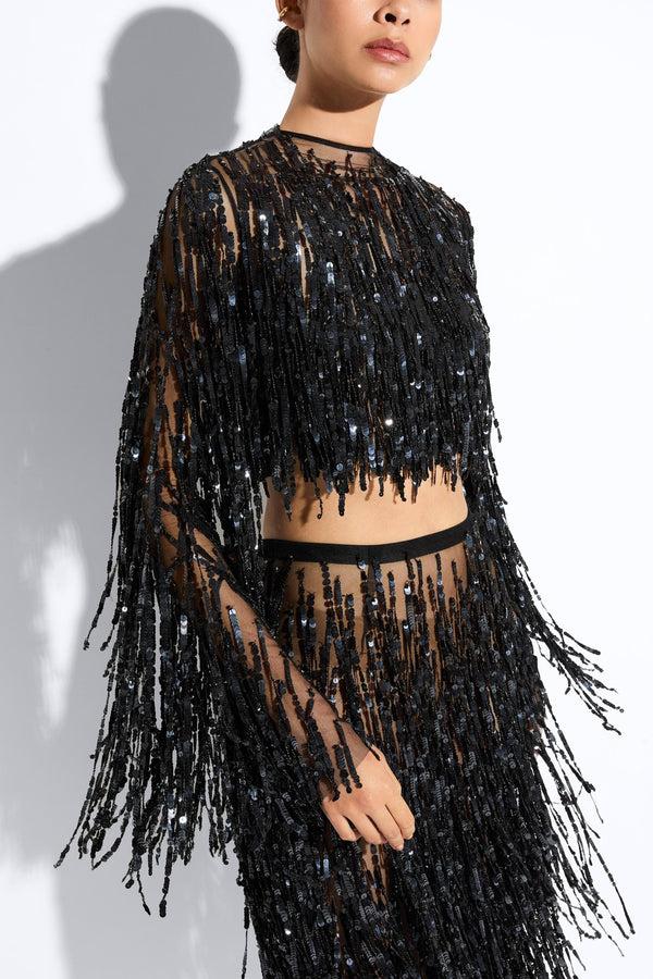 Sally Lapointe Fringe Sequin Cropped Top