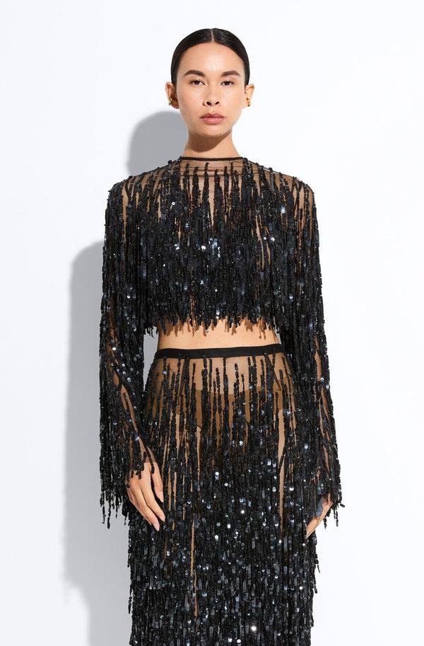 sally lapointe Fringe Sequin Cropped Top