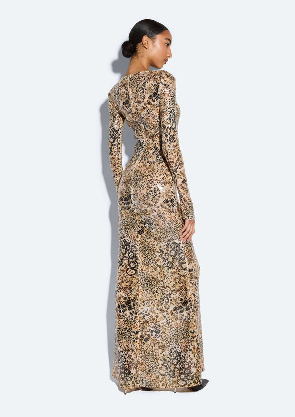 Sally Lapointe Leopard Sequin Boatneck Gown