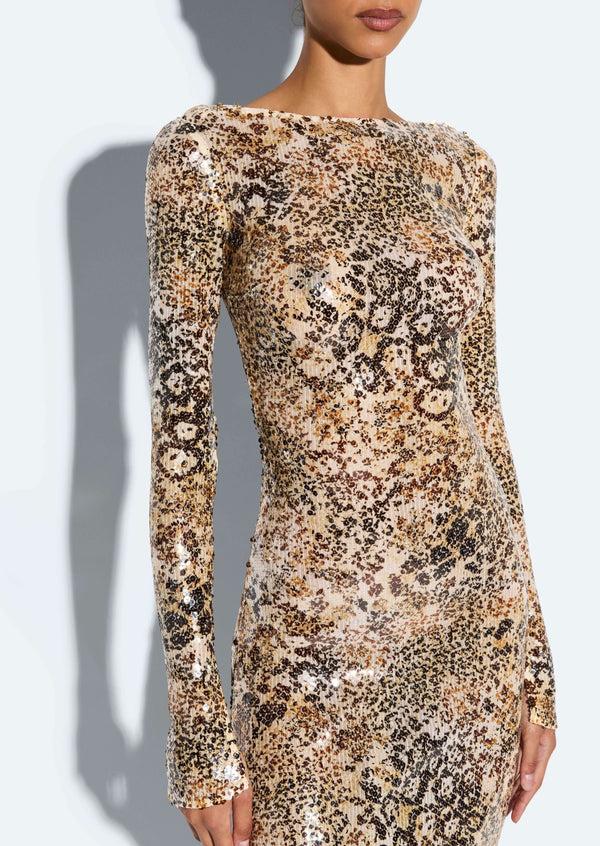 Sally Lapointe Leopard Sequin Boatneck Gown