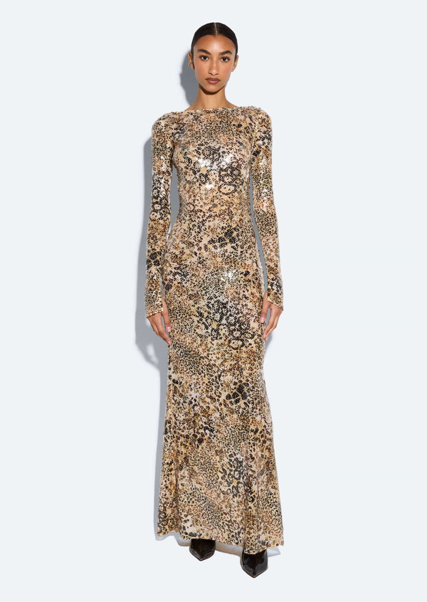 sally lapointe Leopard Sequin Boatneck Gown