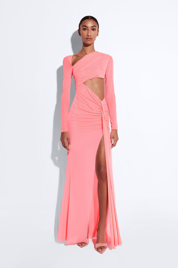 Sally Lapointe Mesh Asymmetric Cut Out Ruched Gown