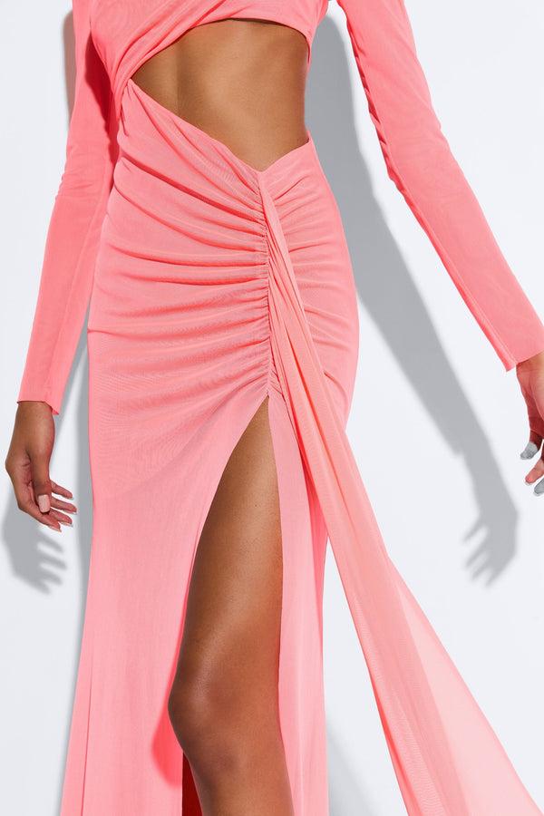 Sally Lapointe Mesh Asymmetric Cut Out Ruched Gown