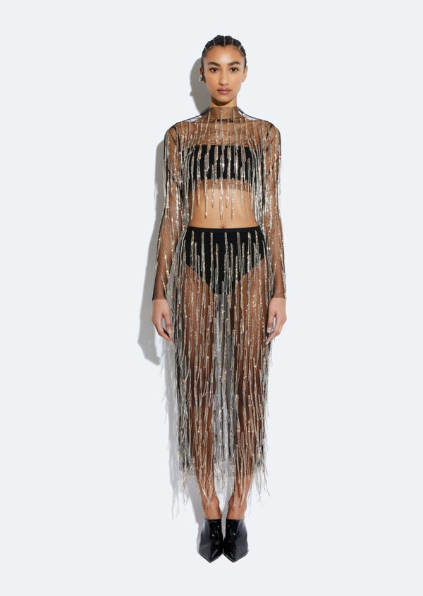 Sally Lapointe Mesh Diamond Fringe Pencil Skirt