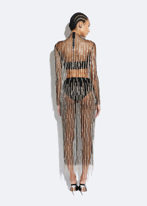 Sally Lapointe Mesh Diamond Fringe Pencil Skirt