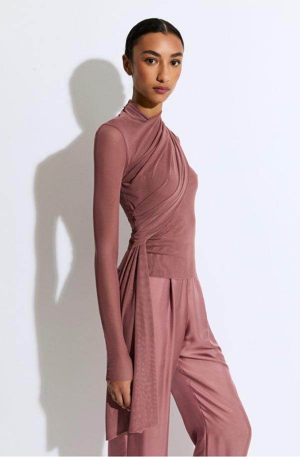 Sally Lapointe Mesh Mock Neck Draped Top