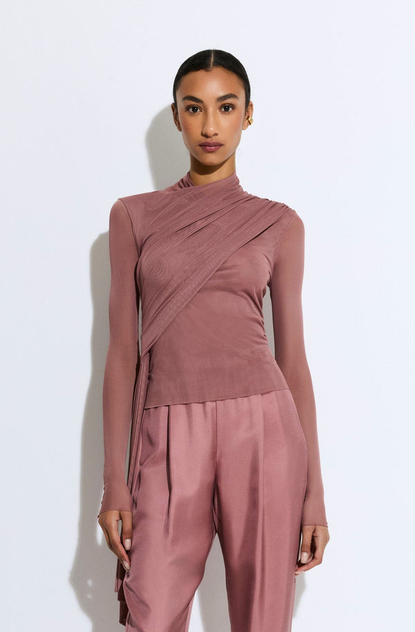 sally lapointe Mesh Mock Neck Draped Top