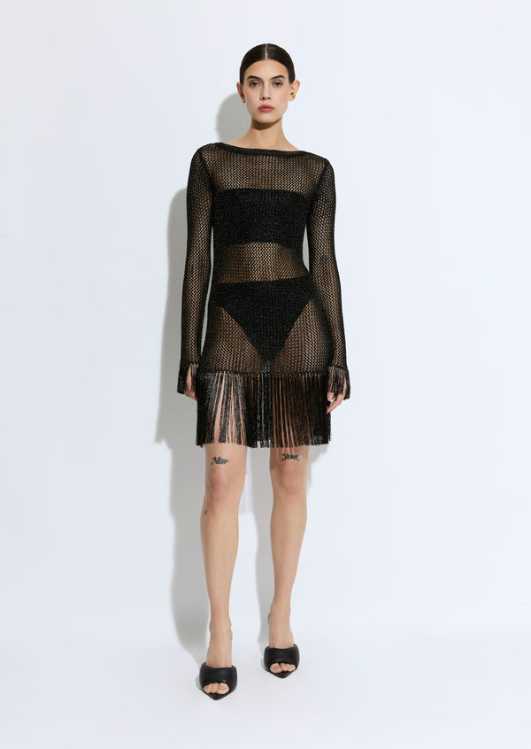 sally lapointe Metallic Netting Fringe Mini Dress