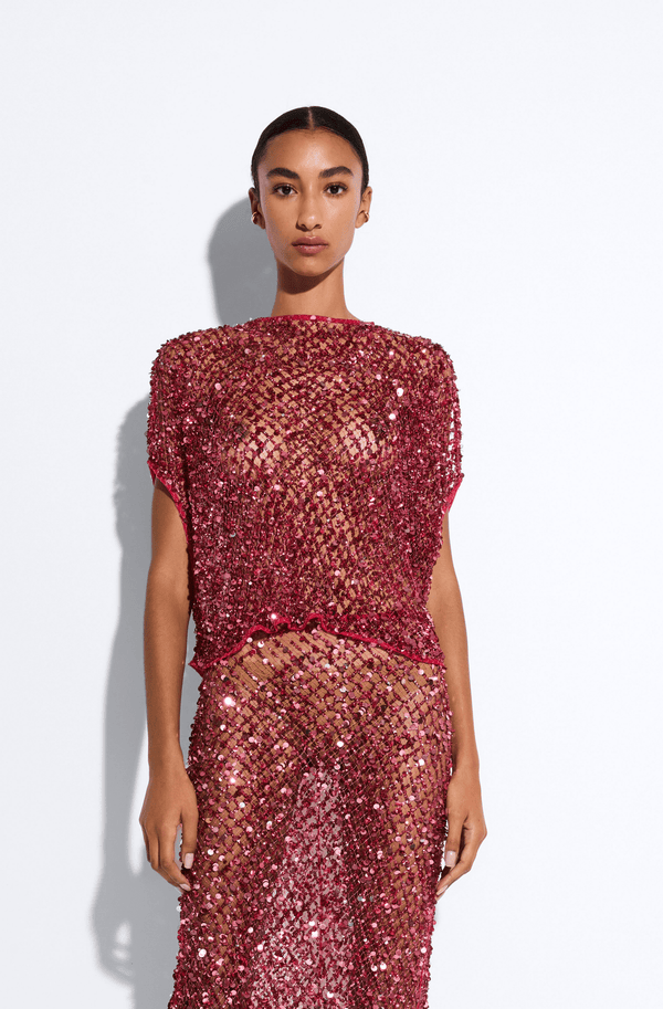 sally lapointe Net Mesh Sequin Cape Tee