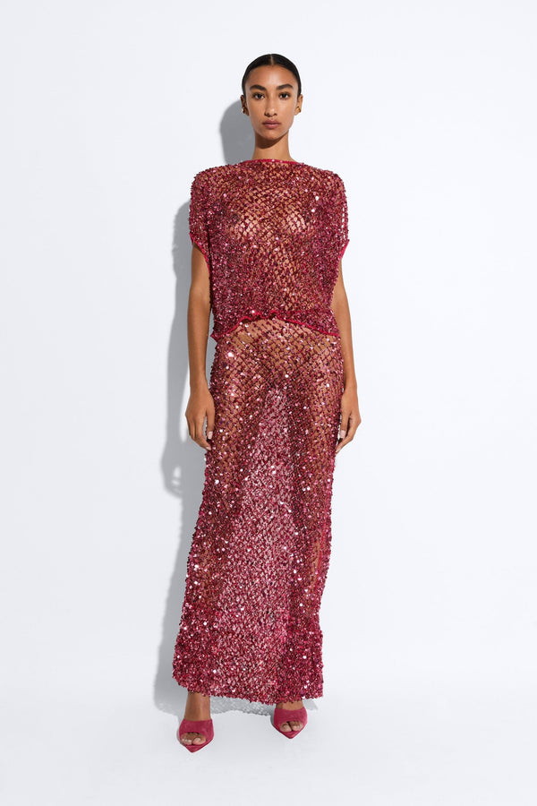 Sally Lapointe Net Mesh Sequin Flare Skirt