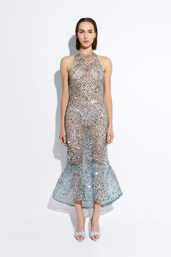 Sally Lapointe Net Mesh Sequin High Low Midi Dress