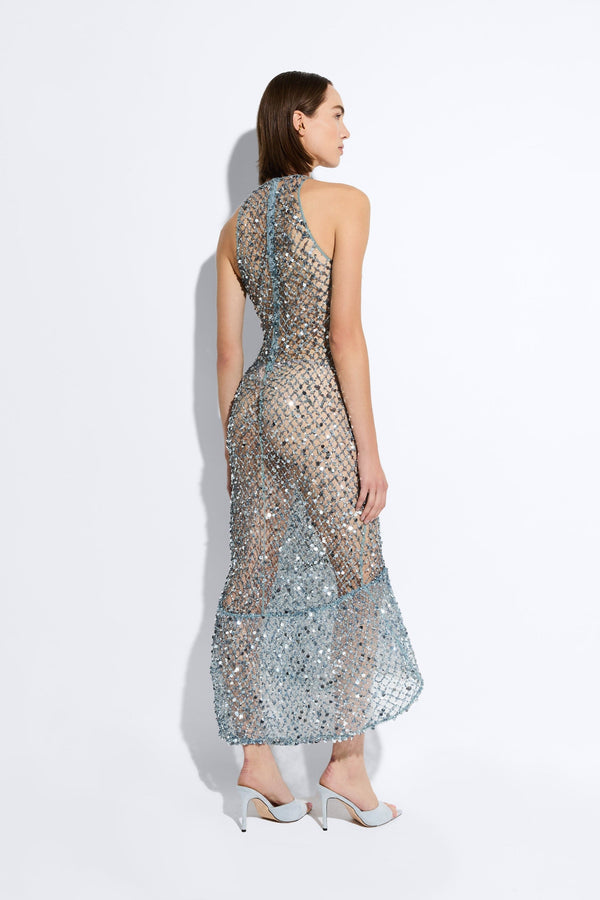 Sally Lapointe Net Mesh Sequin High Low Midi Dress