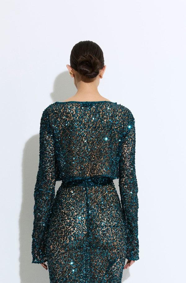 Sally Lapointe Net Paillette Cropped Boatneck Top