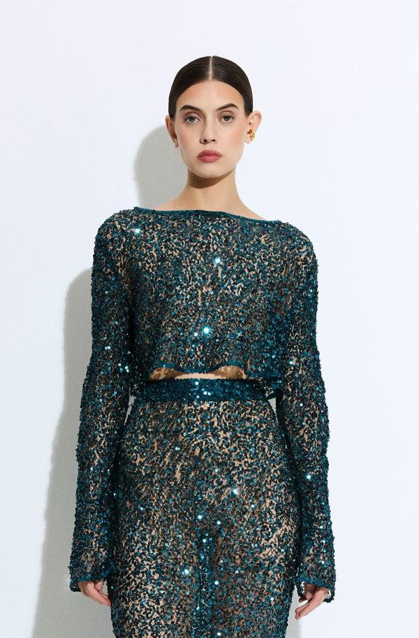 sally lapointe Net Paillette Cropped Boatneck Top