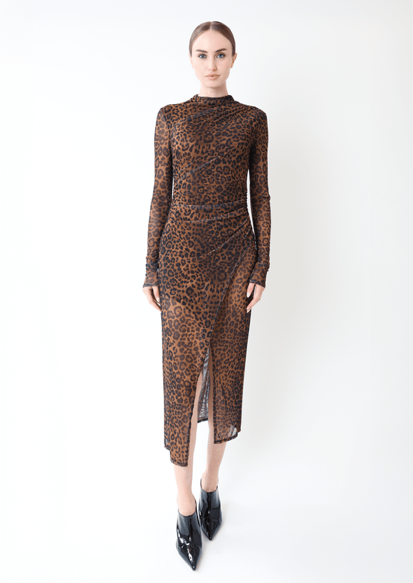 sally lapointe Printed Mesh Draped Midi Dress