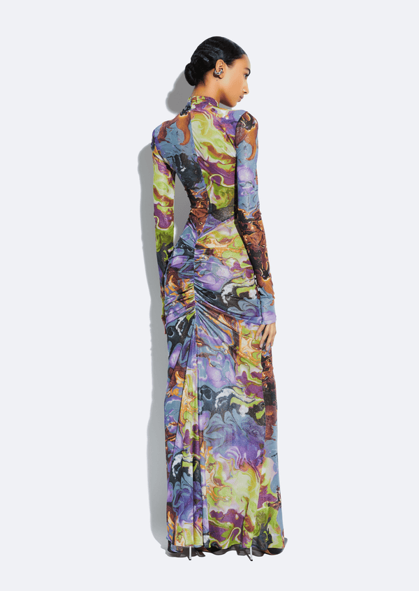 Sally Lapointe Printed Mesh Halter Ruched Gown