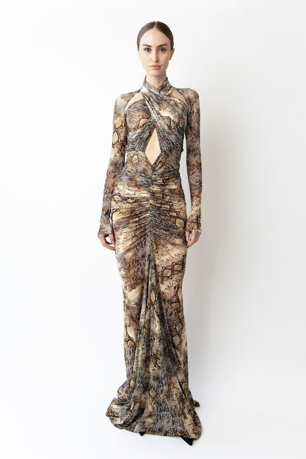 Sally Lapointe Printed Mesh Halter Ruched Gown