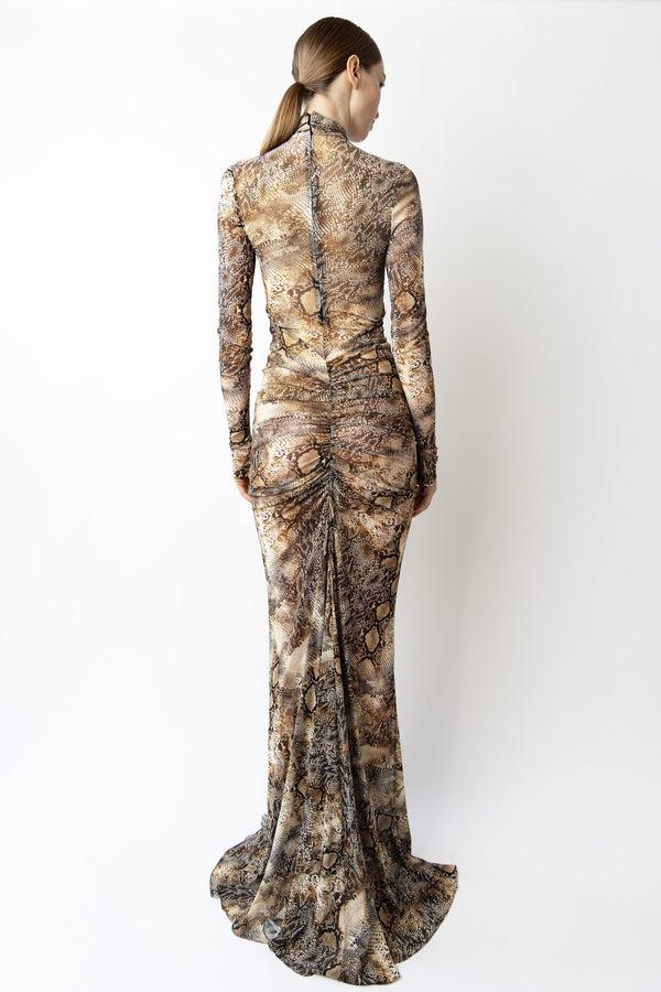 Sally Lapointe Printed Mesh Halter Ruched Gown