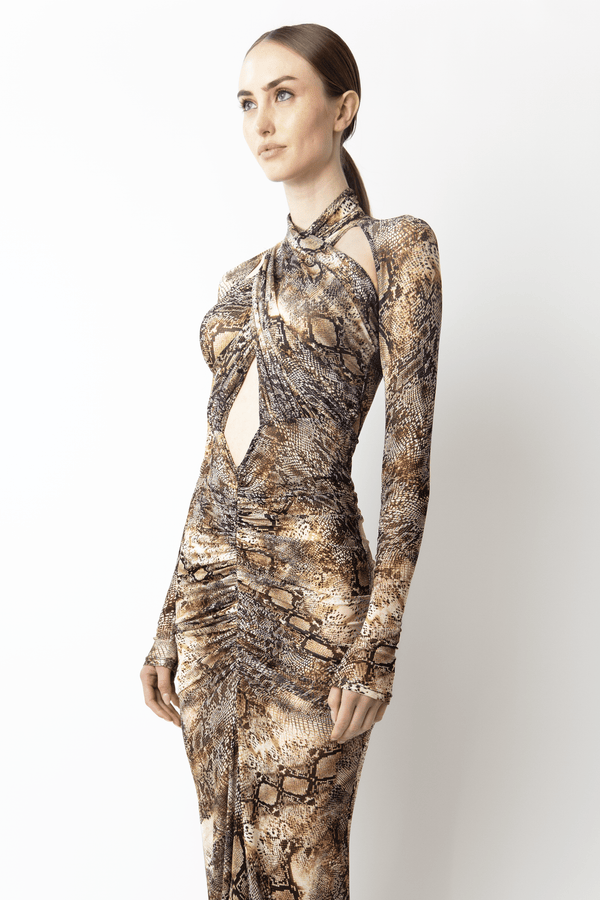 Sally Lapointe Printed Mesh Halter Ruched Gown