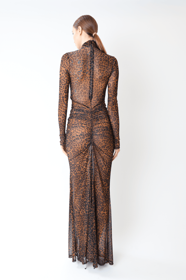 Sally Lapointe Printed Mesh Halter Ruched Gown