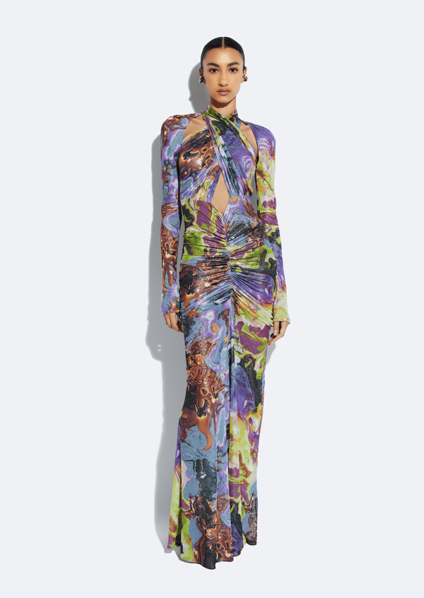 sally lapointe Printed Mesh Halter Ruched Gown