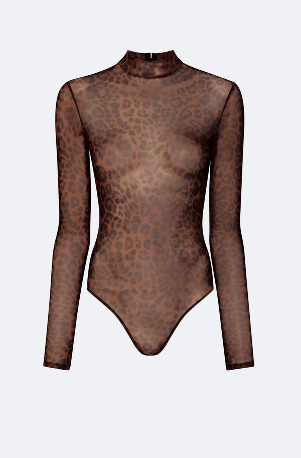 Sally Lapointe Printed Mesh Mock Neck Bodysuit