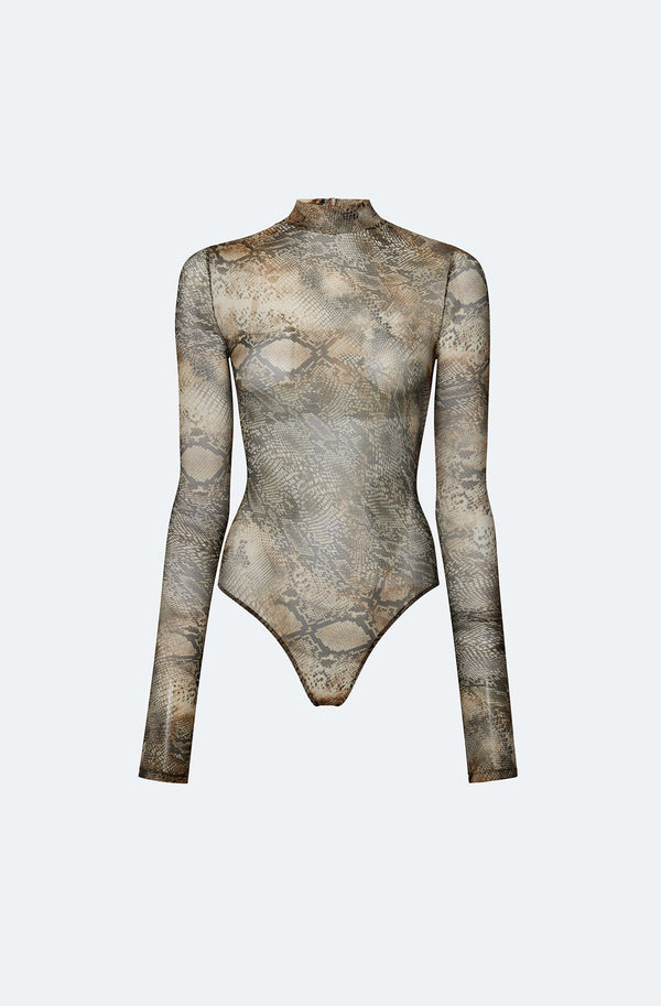 sally lapointe Printed Mesh Mock Neck Bodysuit