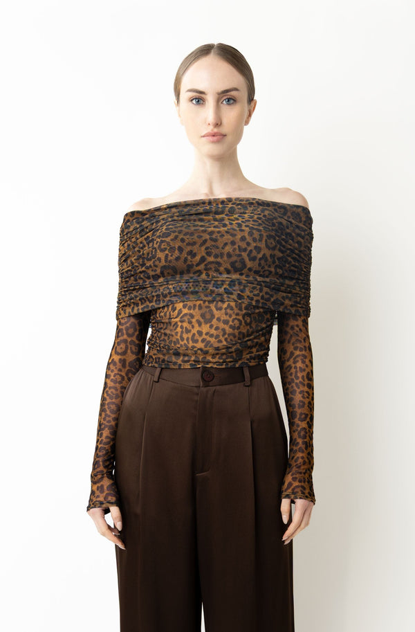 sally lapointe Printed Mesh Off The Shoulder Top