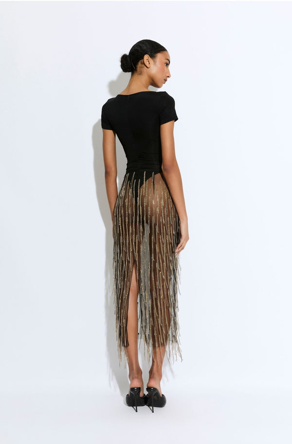 Sally Lapointe Rhinestone Fringe High Waist Skirt