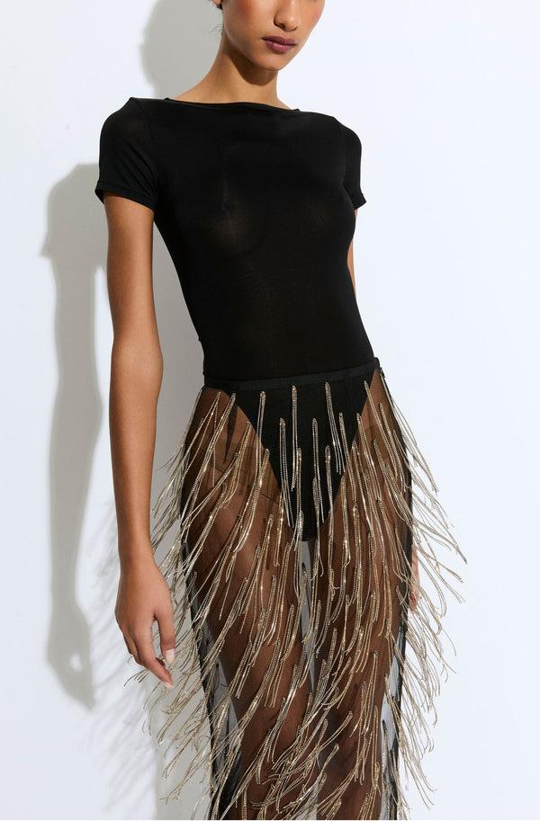 Sally Lapointe Rhinestone Fringe High Waist Skirt