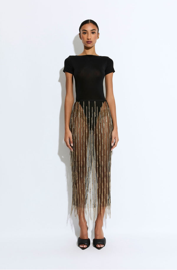 sally lapointe Rhinestone Fringe High Waist Skirt