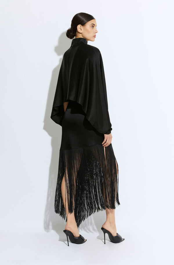Sally Lapointe Satin Asymmetric Fringe Skirt