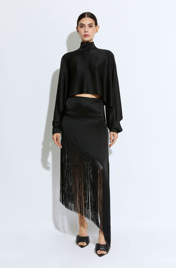 sally lapointe Satin Asymmetric Fringe Skirt