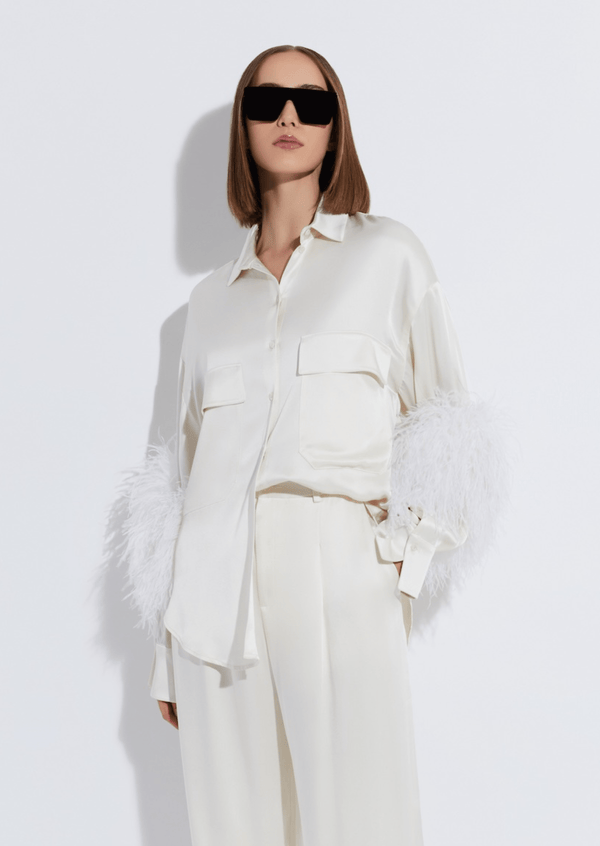 Sally Lapointe Satin Button Down With Feathers