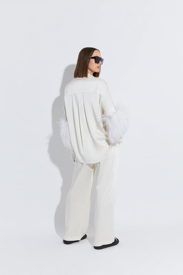 Sally Lapointe Satin Button Down With Feathers