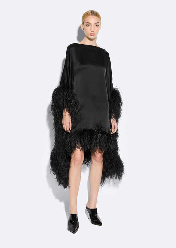 Sally Lapointe Satin Cape Dress With Feathers