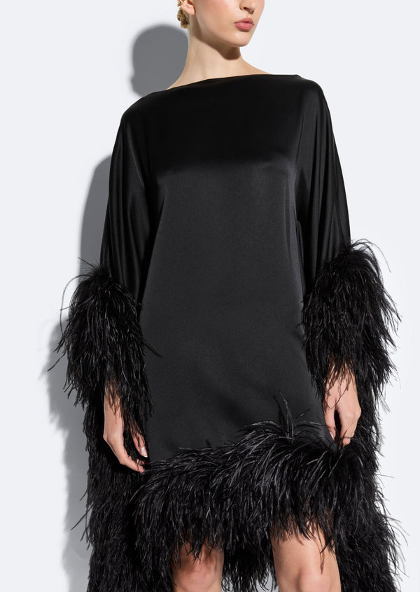 Sally Lapointe Satin Cape Dress With Feathers