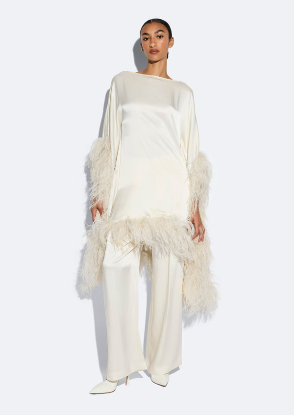 Sally Lapointe Satin Cape Dress With Feathers