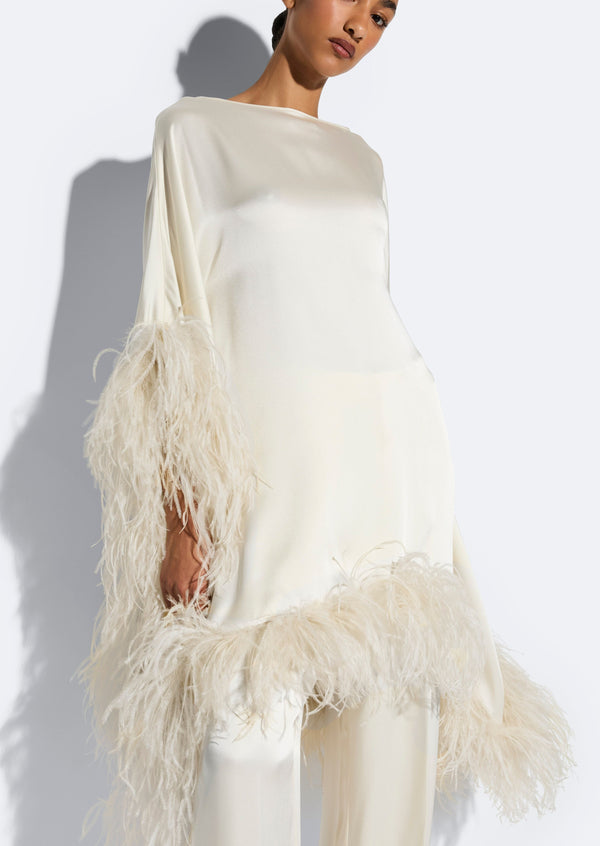 Sally Lapointe Satin Cape Dress With Feathers