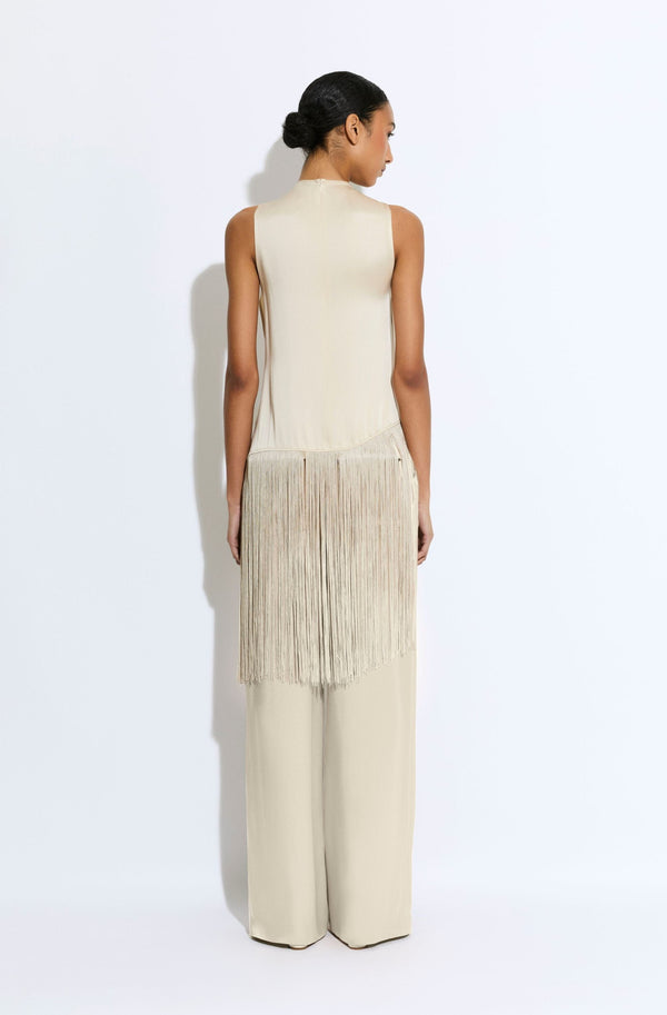 Sally Lapointe Satin Cowl Neck Fringe Top